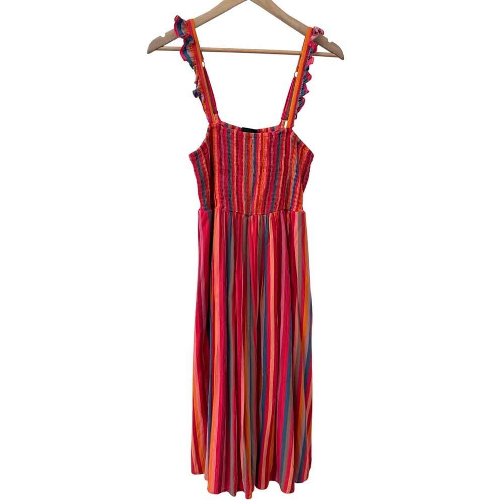 Torrid Midi Dress 00 Pink Orange red Striped Smocked Ruffle Strap Sundress